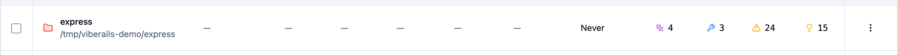 A project row in the Projects table showing file count, token count, and branch