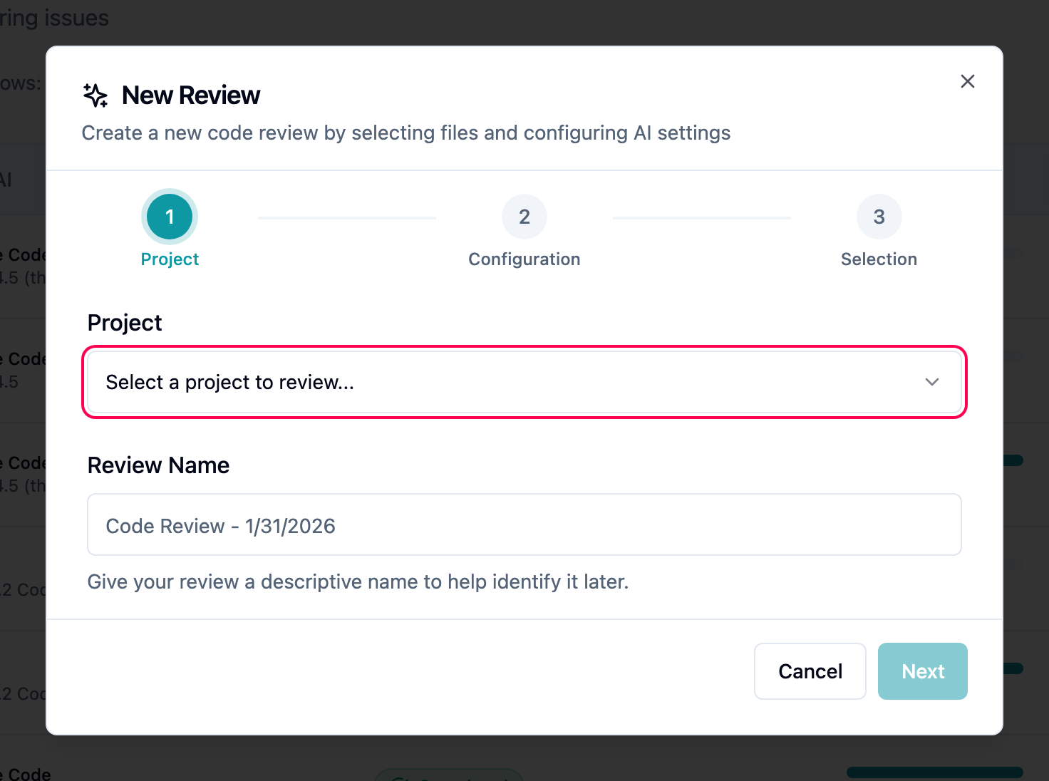 Review wizard Step 1 — project selection