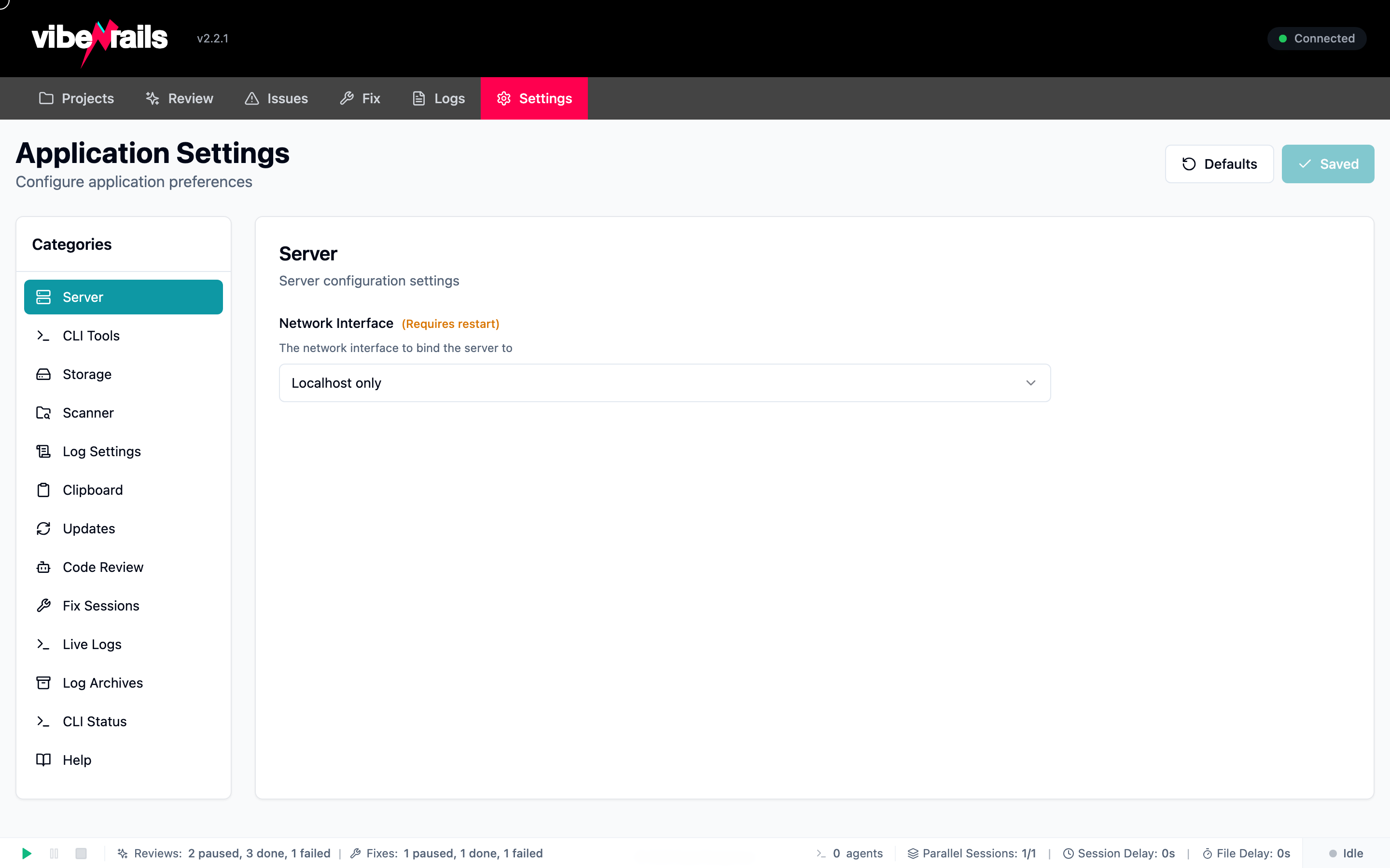 Settings screen showing all configuration sections